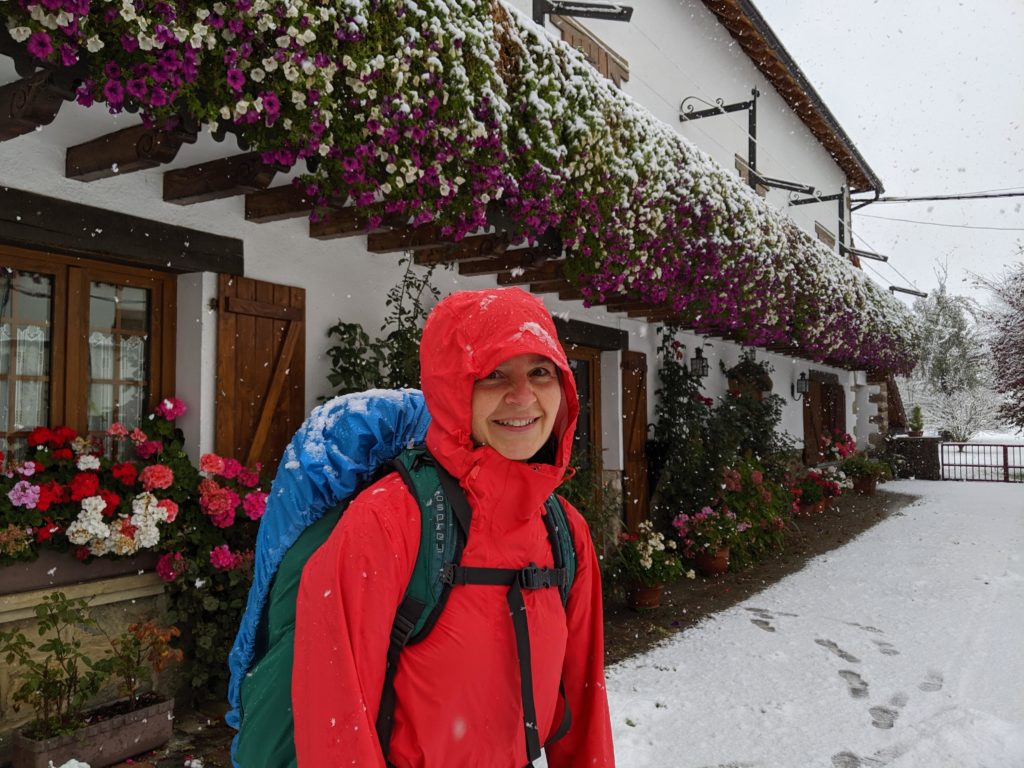 Person smiling while standing next to flowers in snow